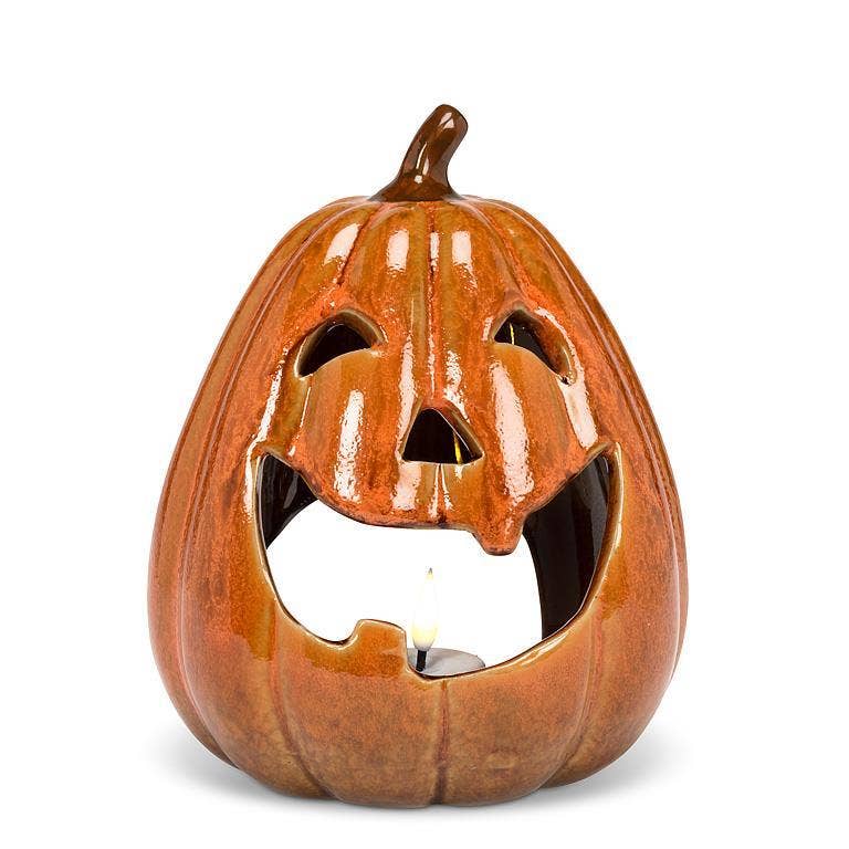 Glossy Orange Porcelain Jack-O'-Lantern Candle Holder