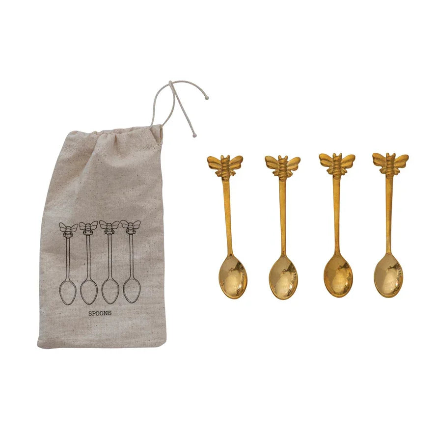Brass Spoons w/ Bees, Set of 4 in Printed Drawstring Bag - Marcel’s Culinary Experience