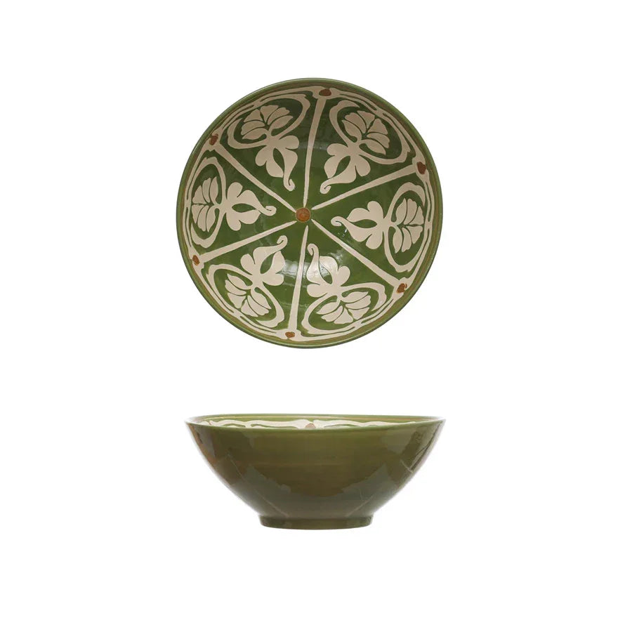 Hand-Painted Stoneware Serving Bowl w/ Design, Green & Brown - Marcel’s Culinary Experience