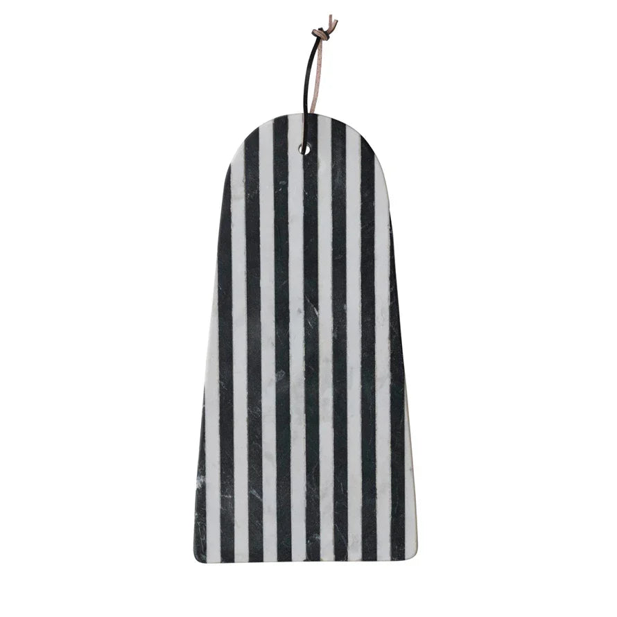 Marble Cheese/Cutting Board w/ Stripes & Leather Tie, Black & White - Marcel’s Culinary Experience