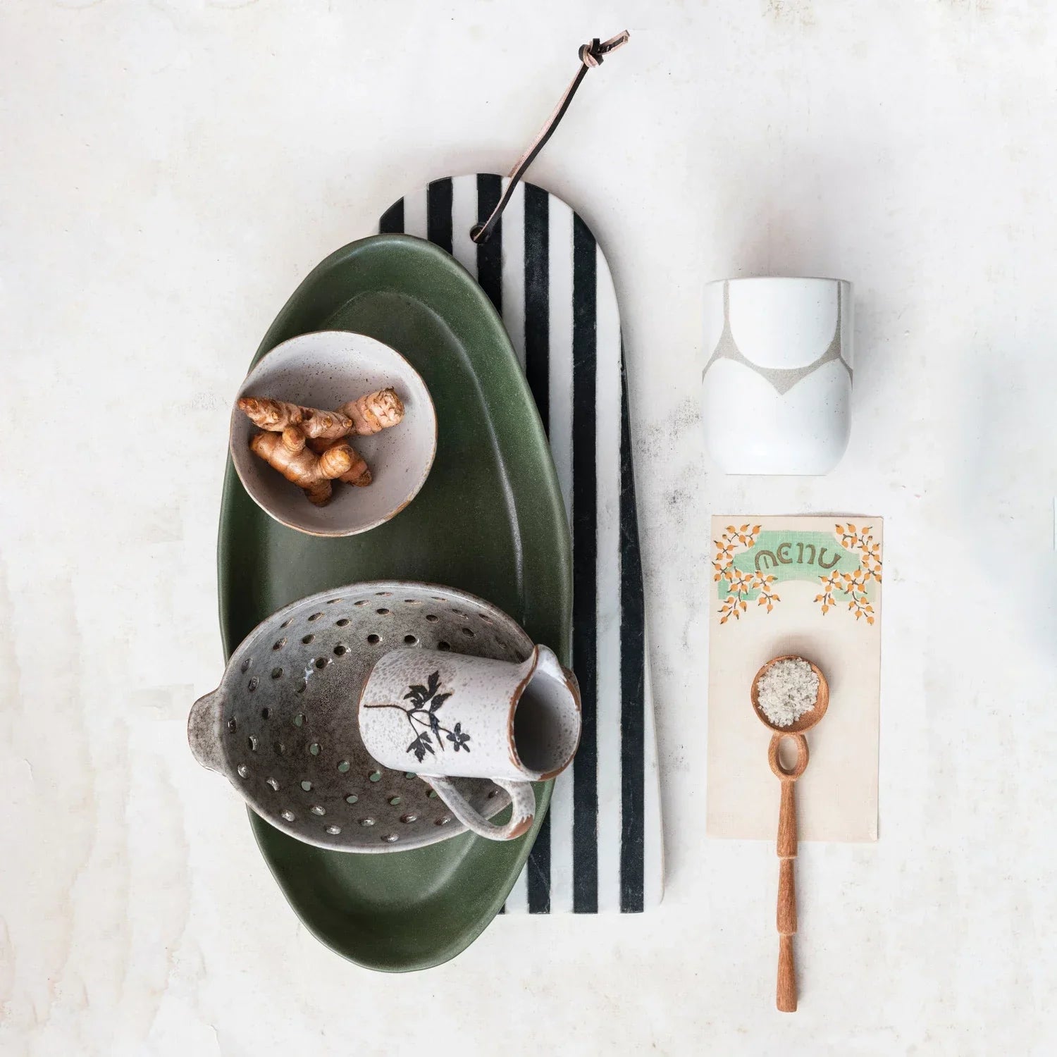 Marble Cheese/Cutting Board w/ Stripes & Leather Tie, Black & White - Marcel’s Culinary Experience