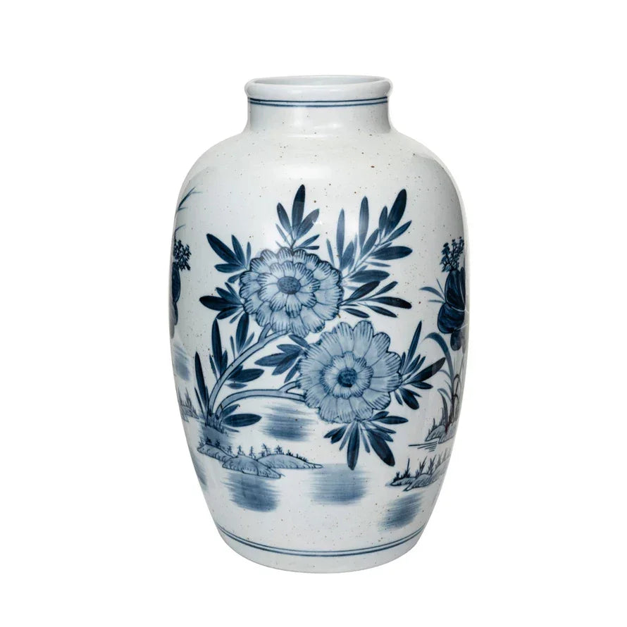 Hand-Painted Stoneware Vase White w Blue Flowers - Marcel’s Culinary Experience