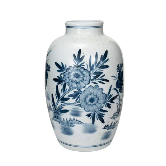 Hand-Painted Stoneware Vase White w Blue Flowers - Marcel’s Culinary Experience