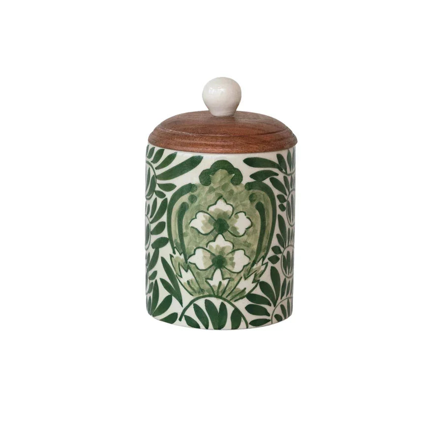 Hand-Painted Stoneware Canister Green w Acacia Lid - Marcel’s Culinary Experience