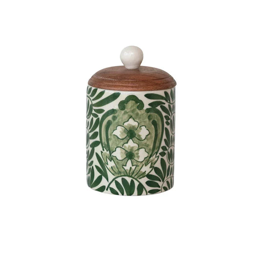 Hand-Painted Stoneware Canister Green w Acacia Lid - Marcel’s Culinary Experience