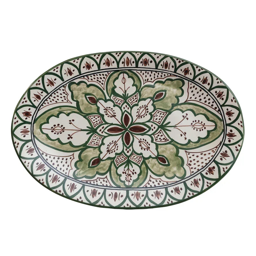 Hand-Painted Stoneware Platter Cream, Brown, & Green 16.5"L - Marcel’s Culinary Experience