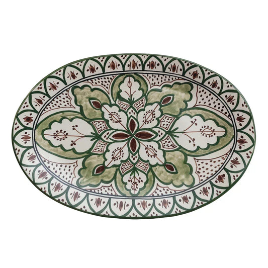 Hand-Painted Stoneware Platter Cream, Brown, & Green 16.5"L - Marcel’s Culinary Experience