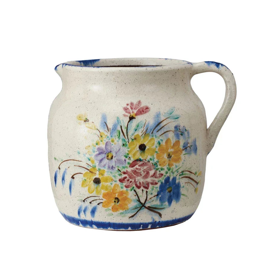 Terra-cotta Pitcher w/ Flowers & Handle 8.5" H - Marcel’s Culinary Experience