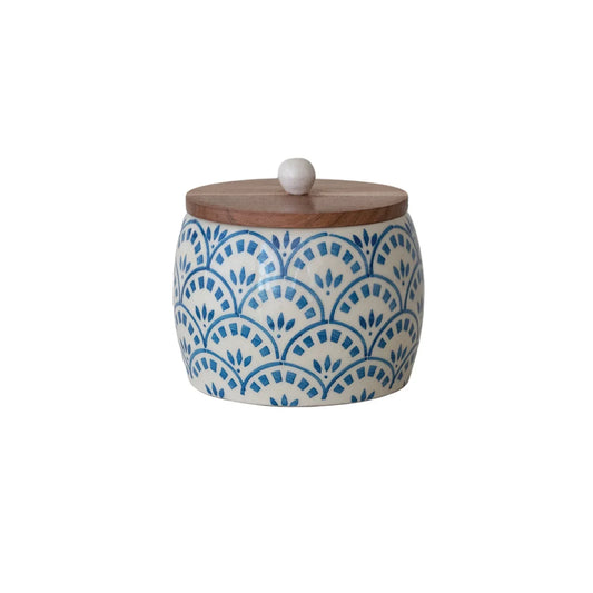 Hand-Painted Stoneware Canister with Acacia Wood Lid - Marcel’s Culinary Experience