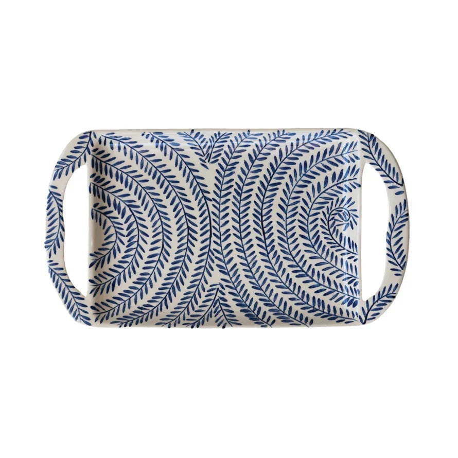 Blue & White Stoneware Tray Botanical Pattern & Handles - Marcel’s Culinary Experience