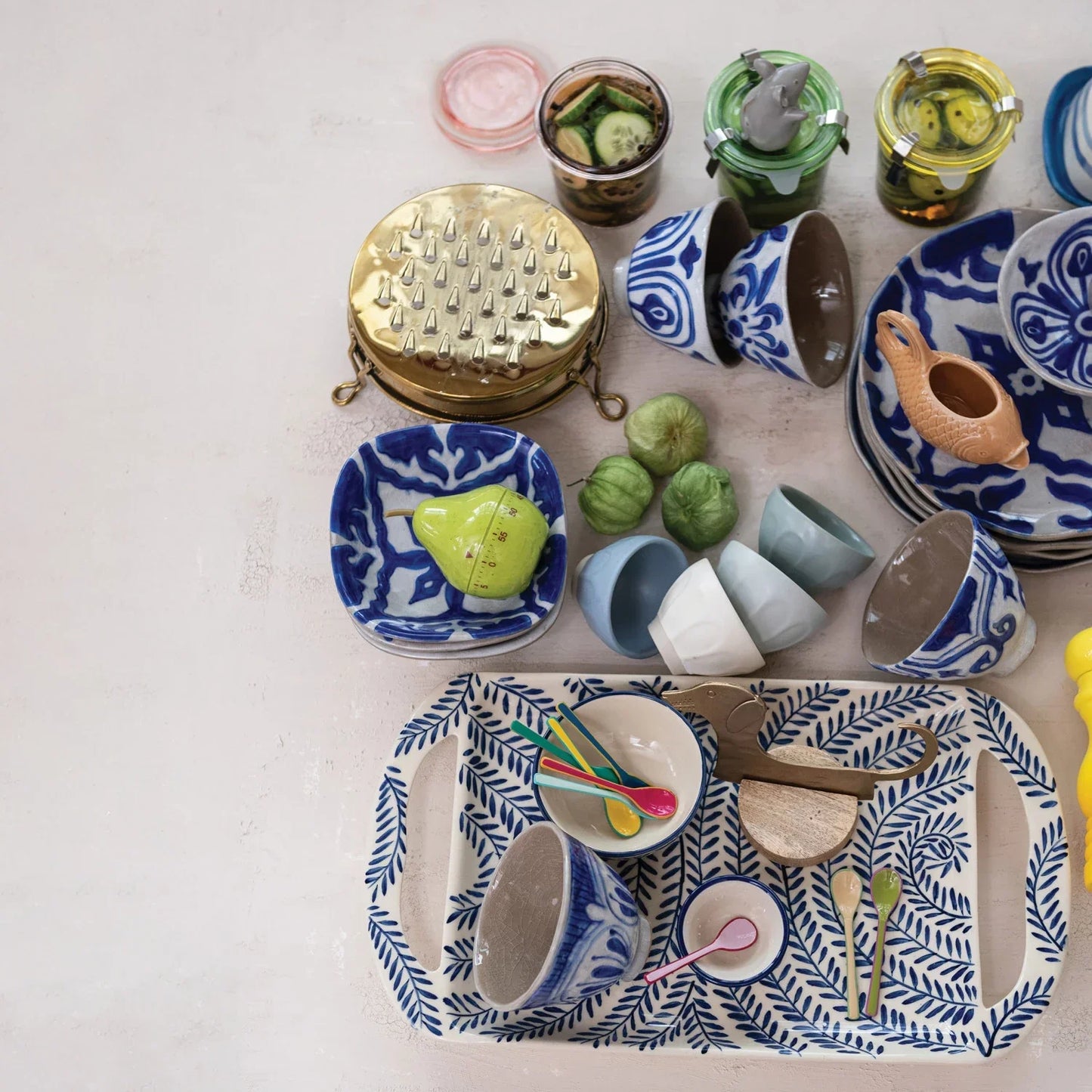 Blue & White Stoneware Tray Botanical Pattern & Handles - Marcel’s Culinary Experience