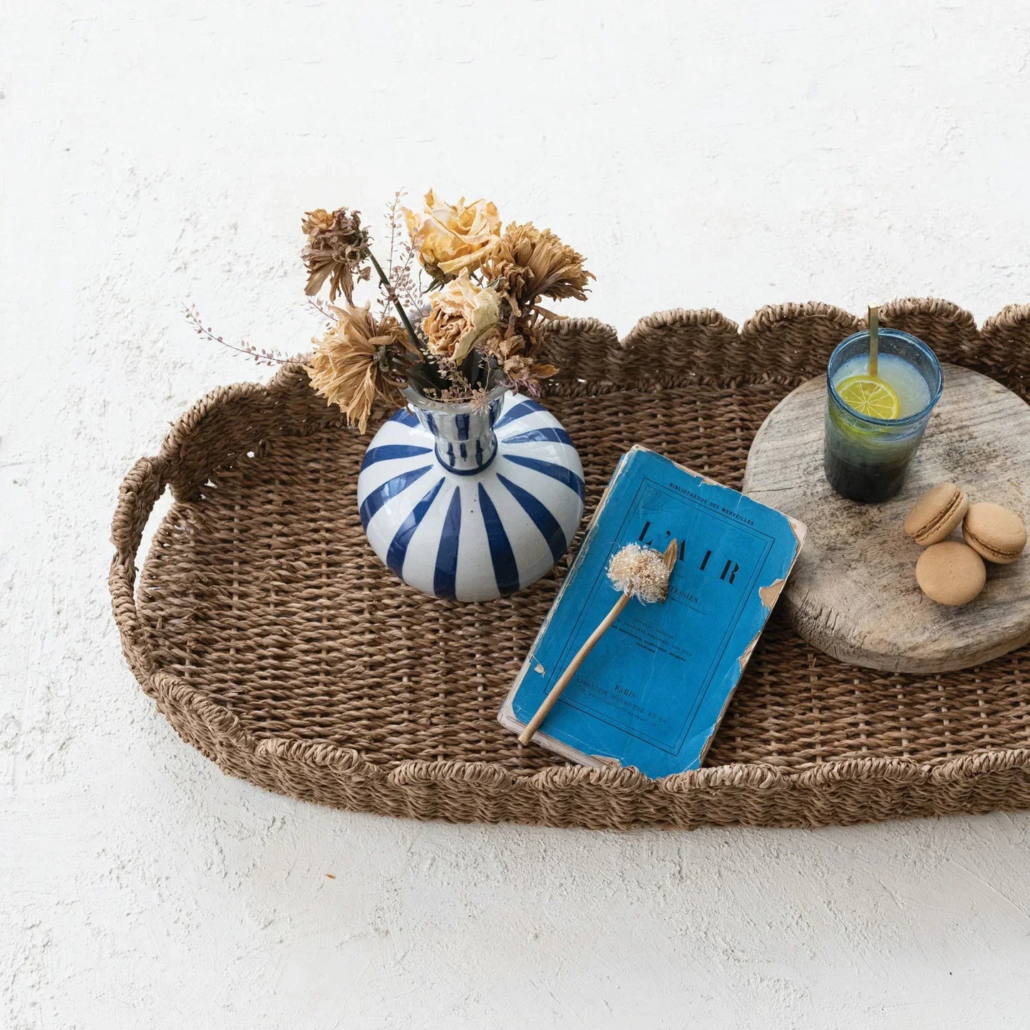 Decorative Hand-Woven Bankuan Scalloped Tray with Handles, Natural