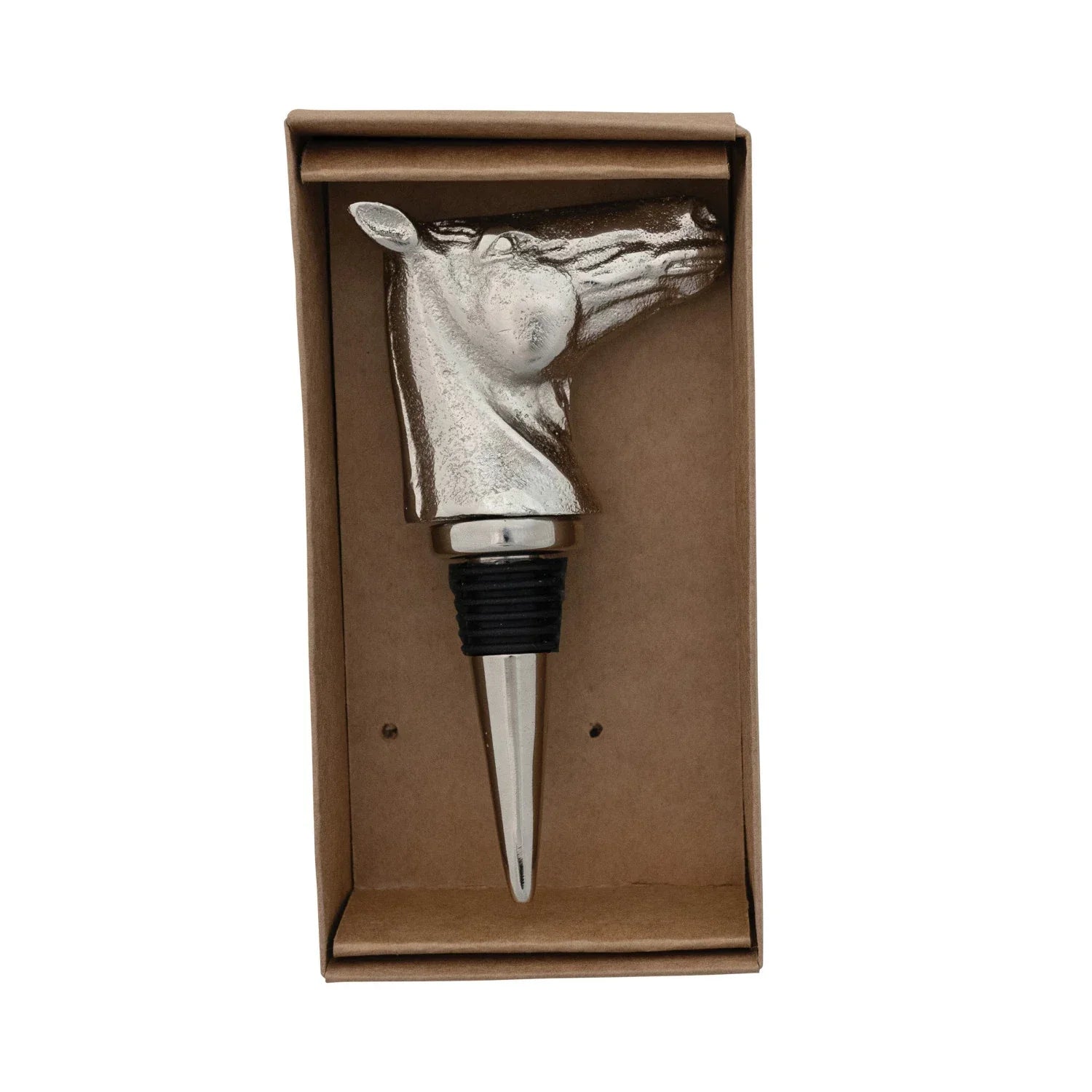 Cast Aluminum Horse Head Bottle Stopper in Kraft Box, Nickel Finish - Marcel’s Culinary Experience