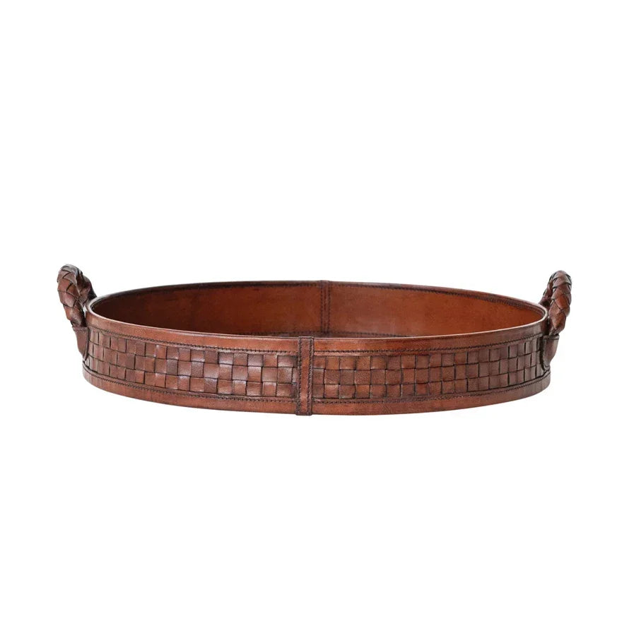 Round MDF & Woven Leather Tray w Braided Handles 16" - Marcel’s Culinary Experience