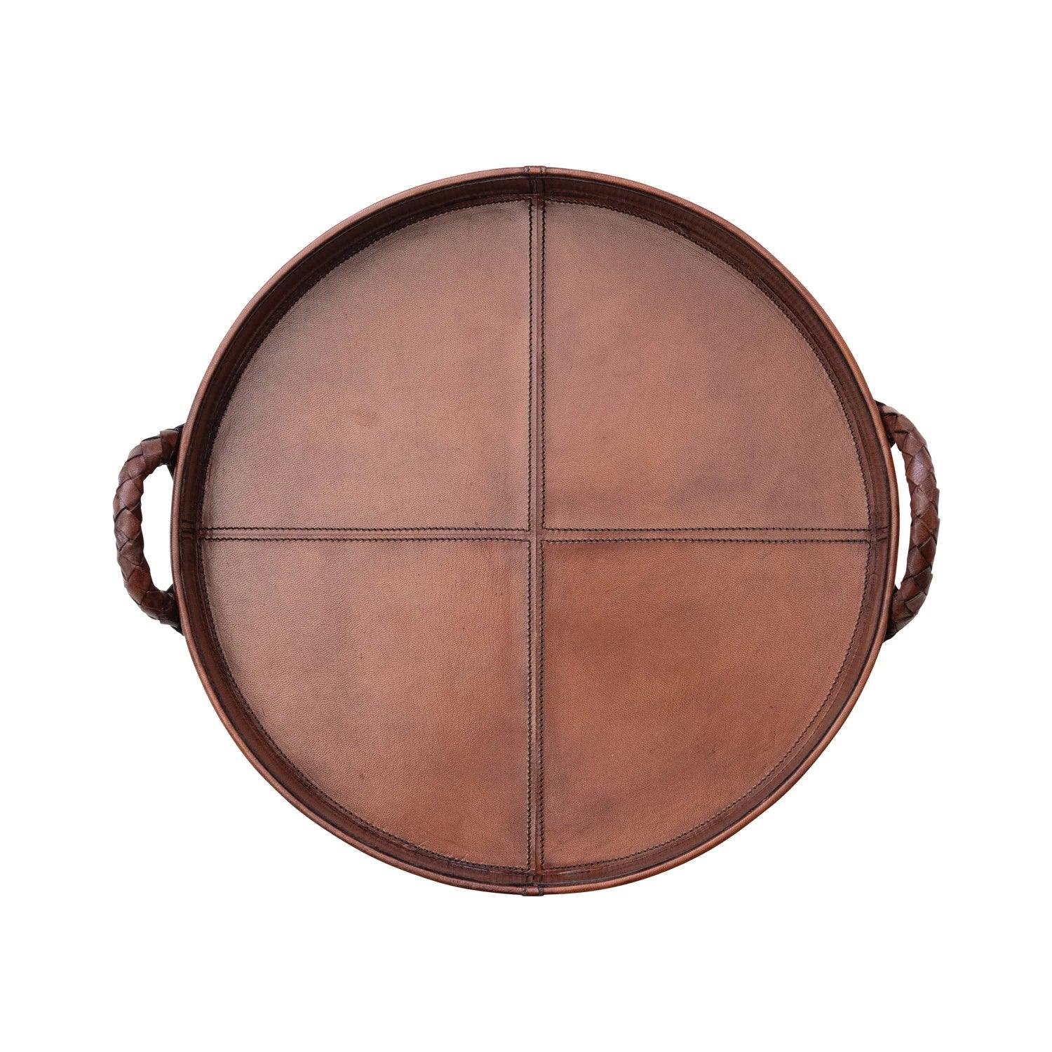 Round MDF & Woven Leather Tray w Braided Handles 16" - Marcel’s Culinary Experience