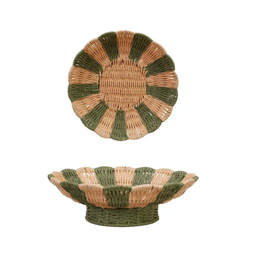 Woven Scalloped Footed Bowl w Green Stripes - Marcel’s Culinary Experience