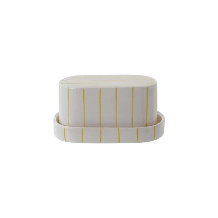 Stoneware Striped Butter Dish, White & Citron - Marcel’s Culinary Experience