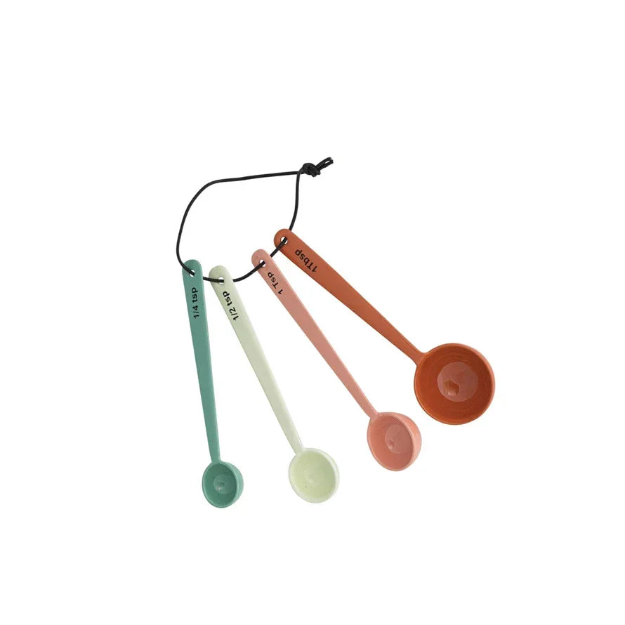 Enameled Measuring Spoons w Leather Tie 4 Colors, Set of 4 - Marcel’s Culinary Experience