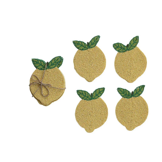 Handmade Beaded Lemon Coasters, Set of 4 Tied with Jute - Marcel’s Culinary Experience