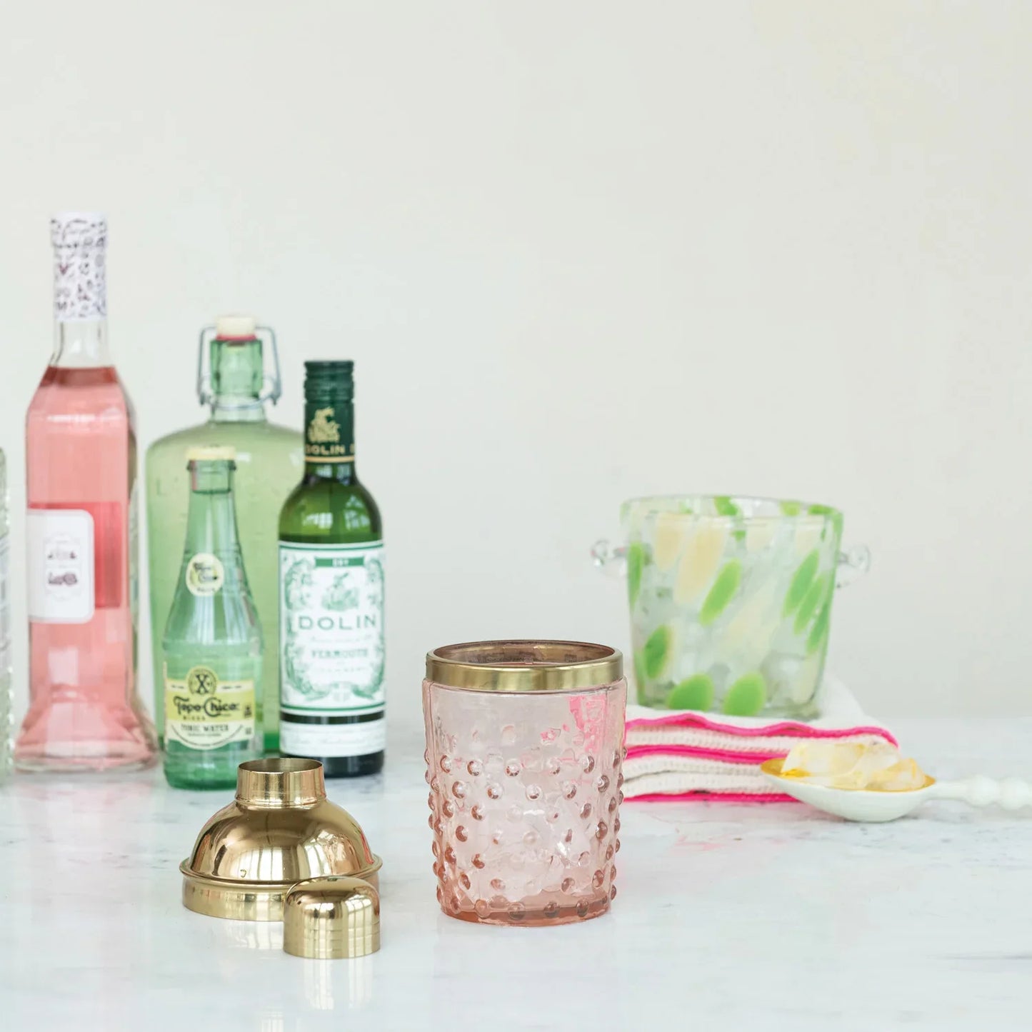 Hand-Blown Glass Hobnail Cocktail Shaker – 14 oz. Gold & Pink