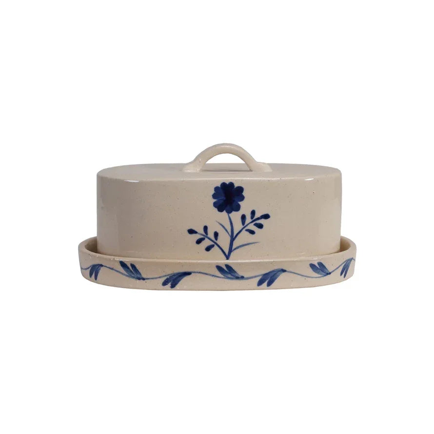 Stoneware Butter Dish with Flower, Blue & White - Marcel’s Culinary Experience