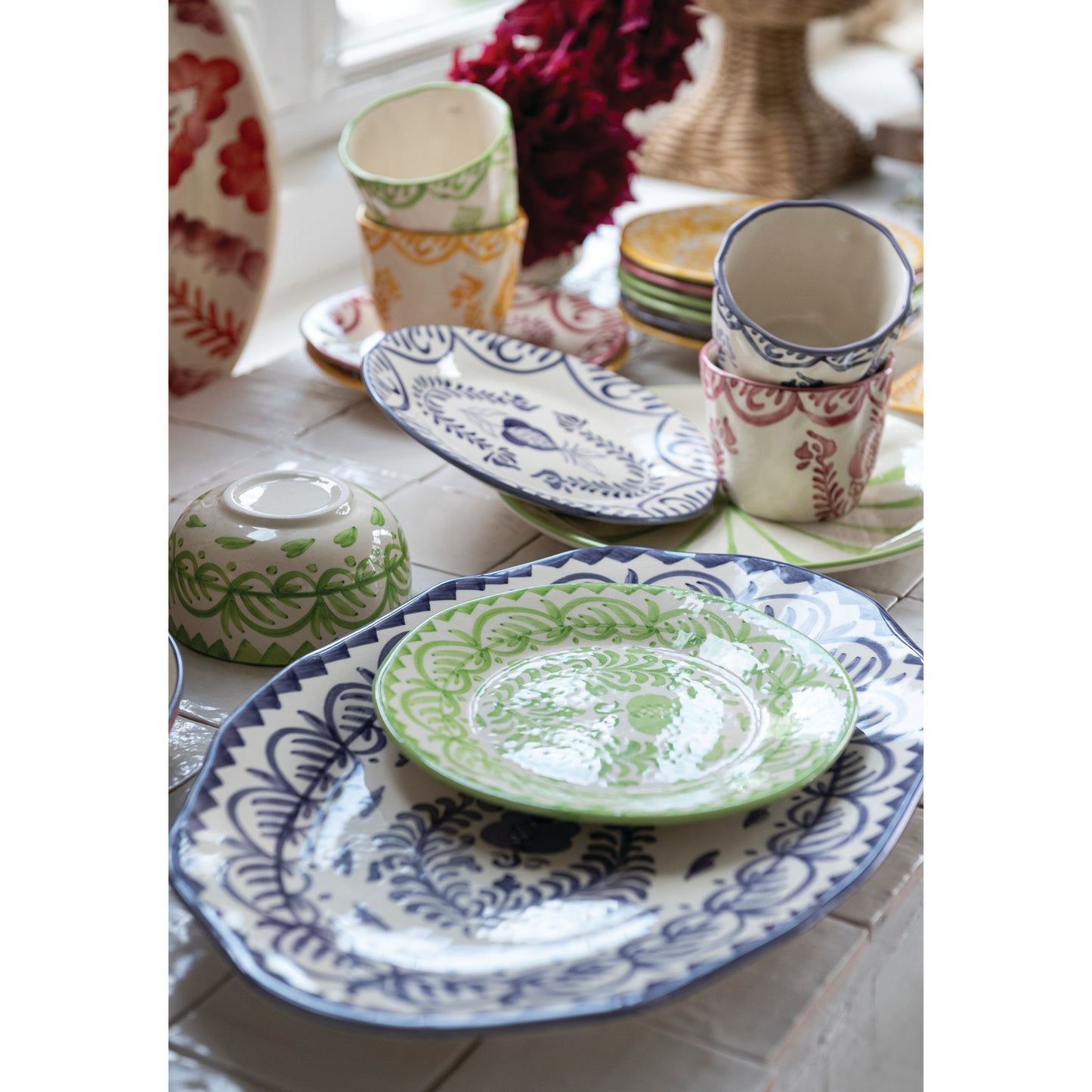Hand-Painted Stoneware Organic Shaped Platter with Botanical Design