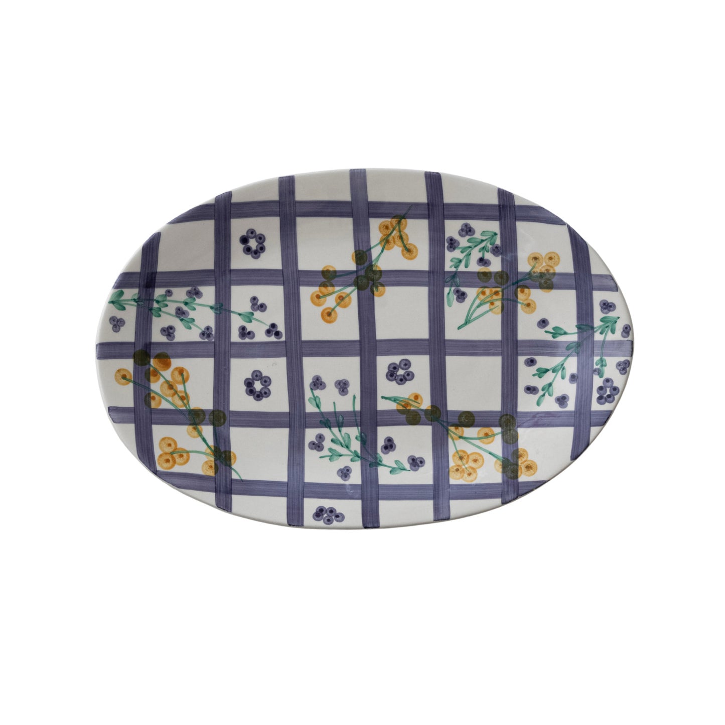 Hand-painted Stoneware Platter with Grid Pattern and Botanicals