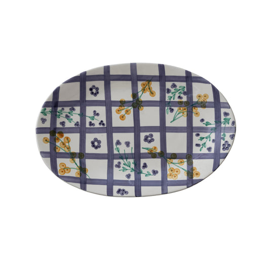 Hand-painted Stoneware Platter with Grid Pattern and Botanicals