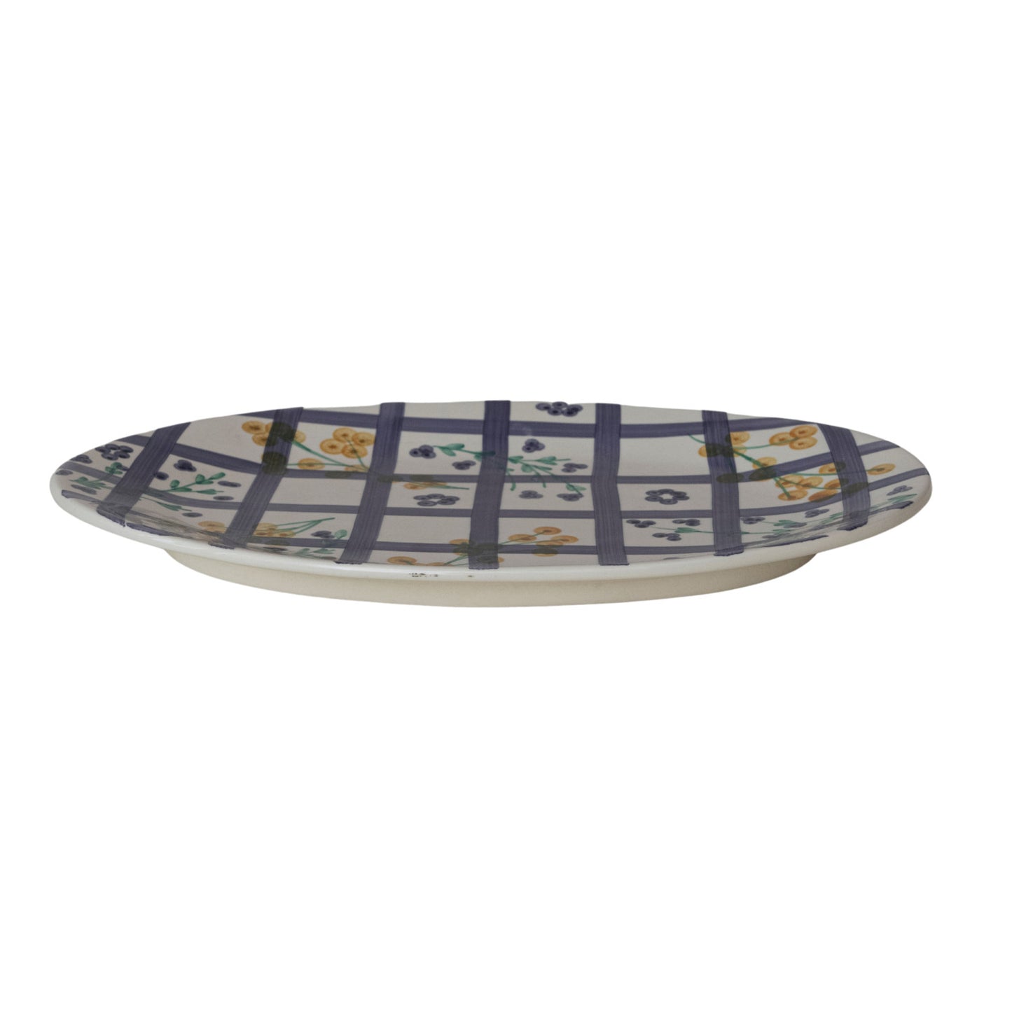 Hand-painted Stoneware Platter with Grid Pattern and Botanicals