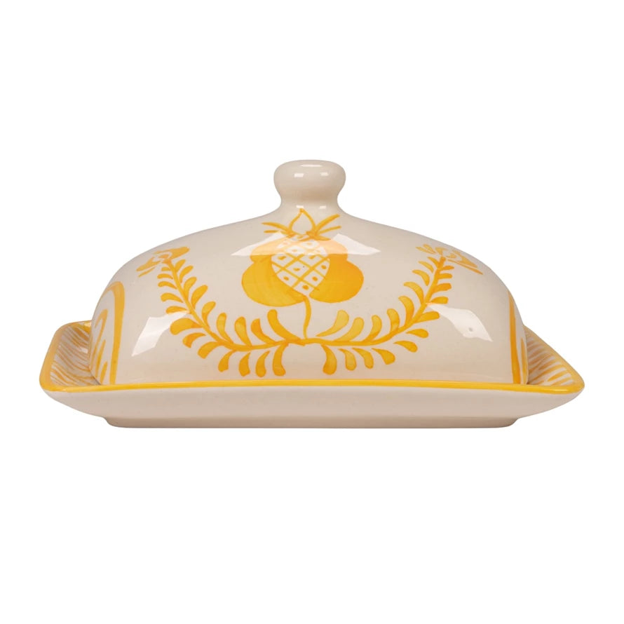 Hand-Painted Stoneware Butter Dish with Botanical Design, Yellow & White