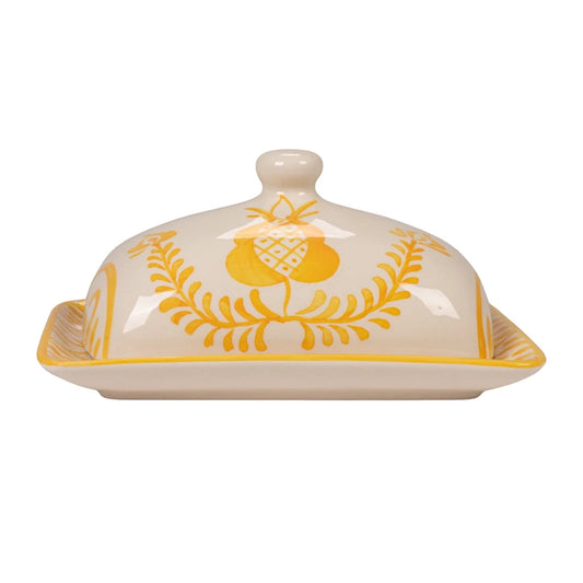 Hand-Painted Stoneware Butter Dish with Botanical Design, Yellow & White