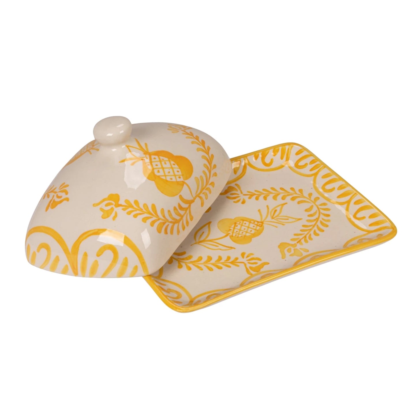 Hand-Painted Stoneware Butter Dish with Botanical Design, Yellow & White