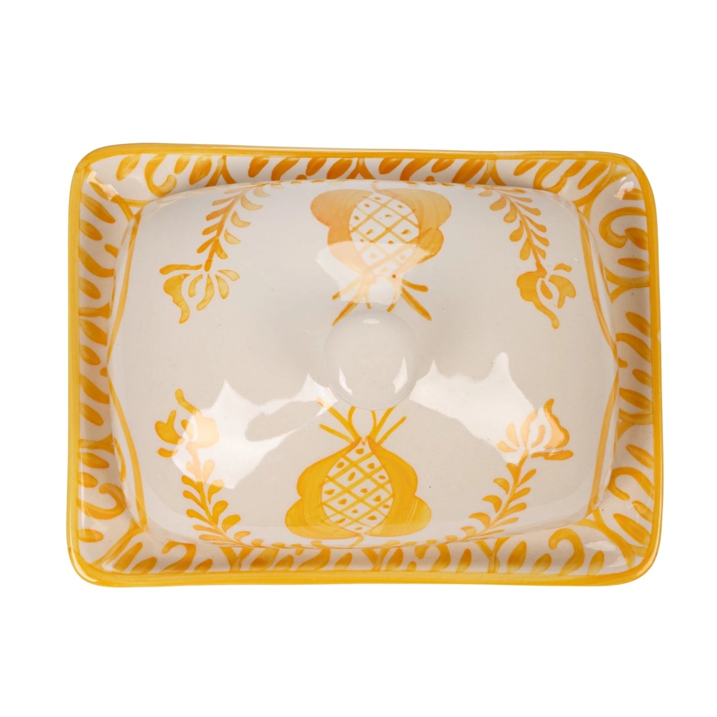 Hand-Painted Stoneware Butter Dish with Botanical Design, Yellow & White