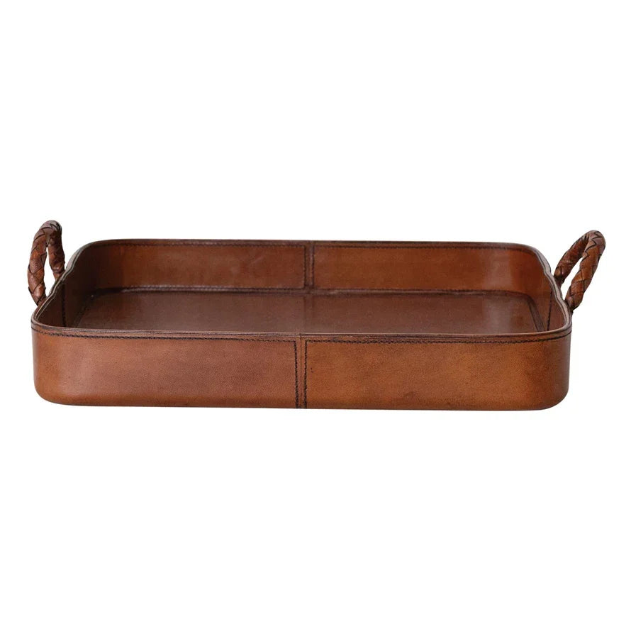 Decorative Leather Tray with Braided Handles, Cognac Color