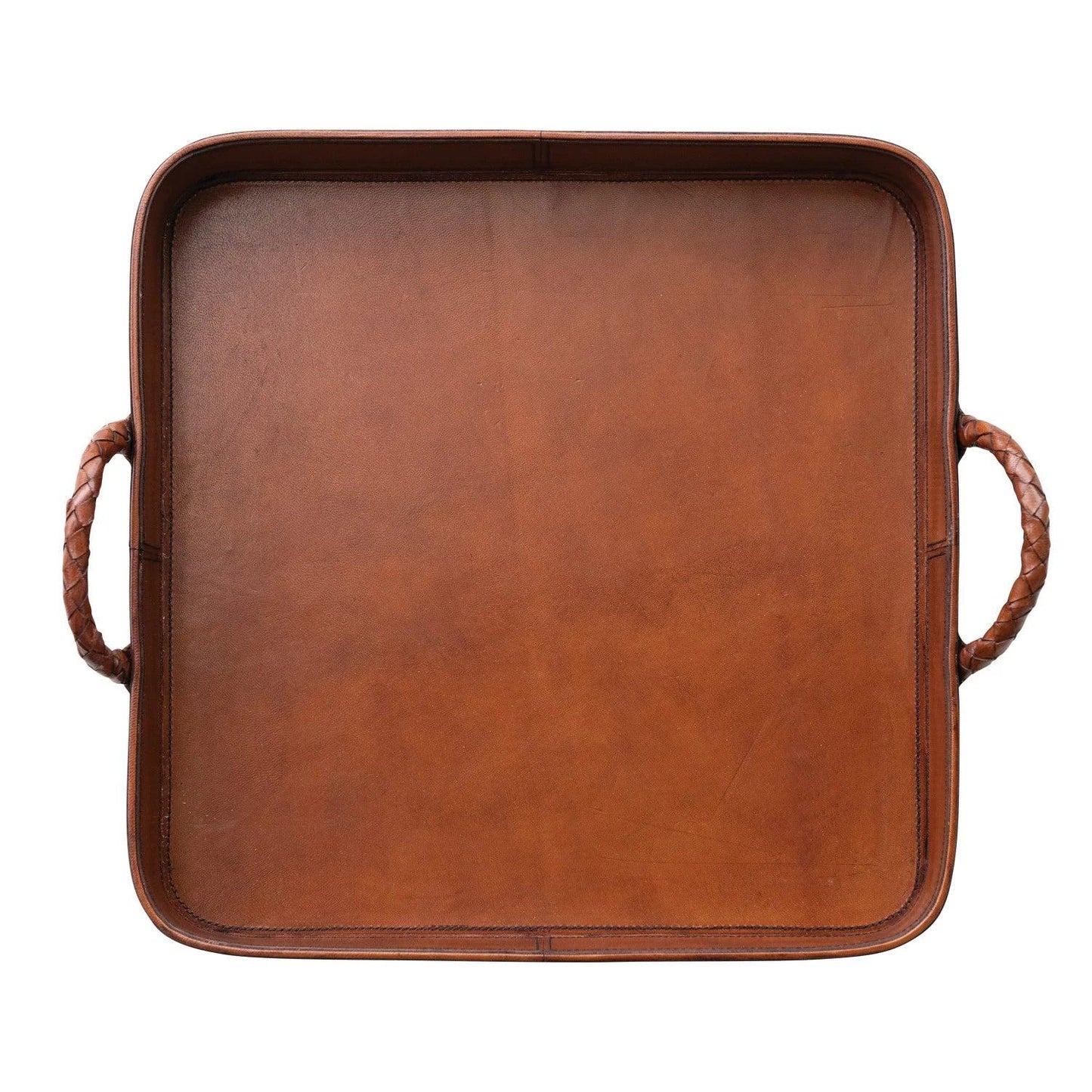 Decorative Leather Tray with Braided Handles, Cognac Color