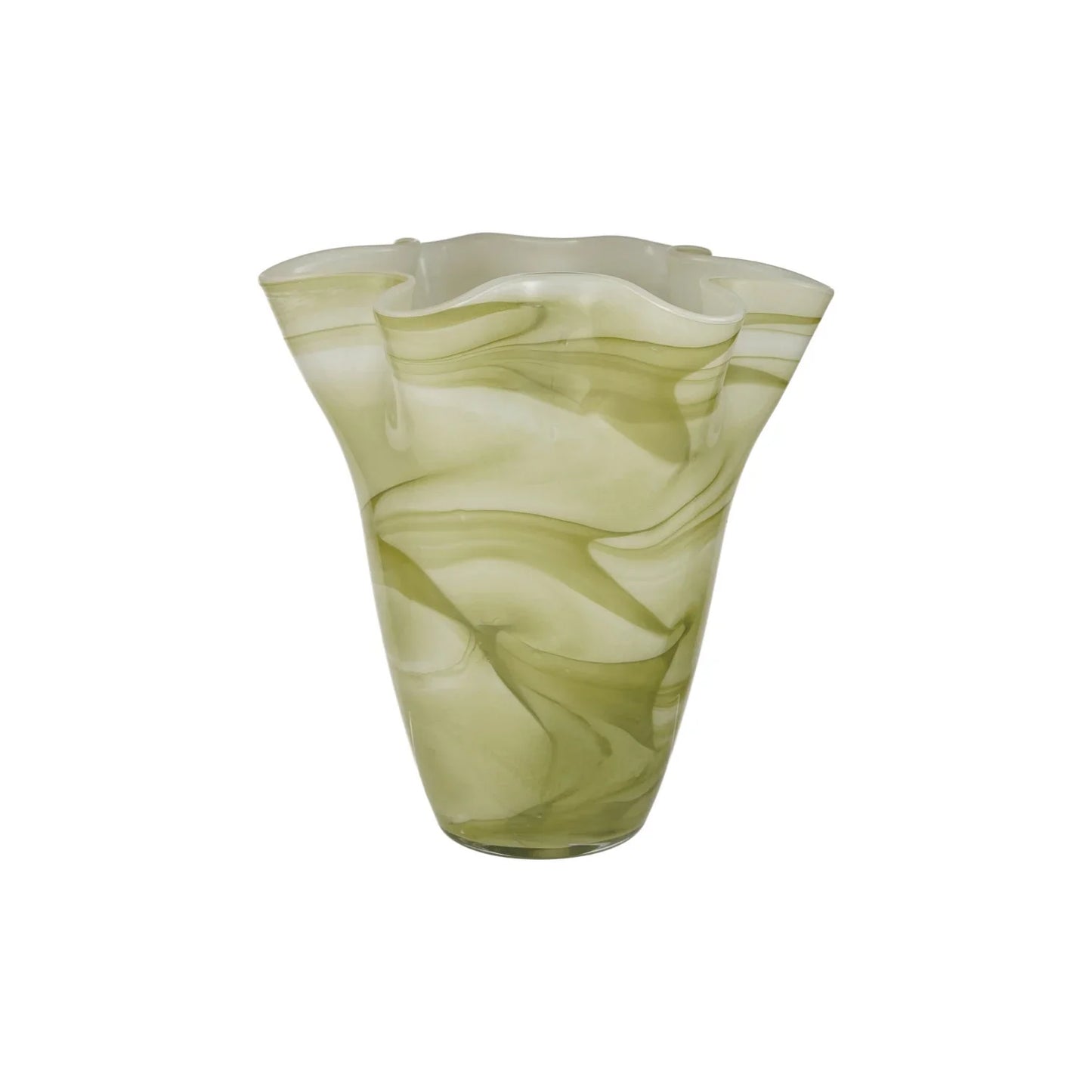 Hand-Blown Glass Ruffled Vase with Swirled Design, Opaque Green & White