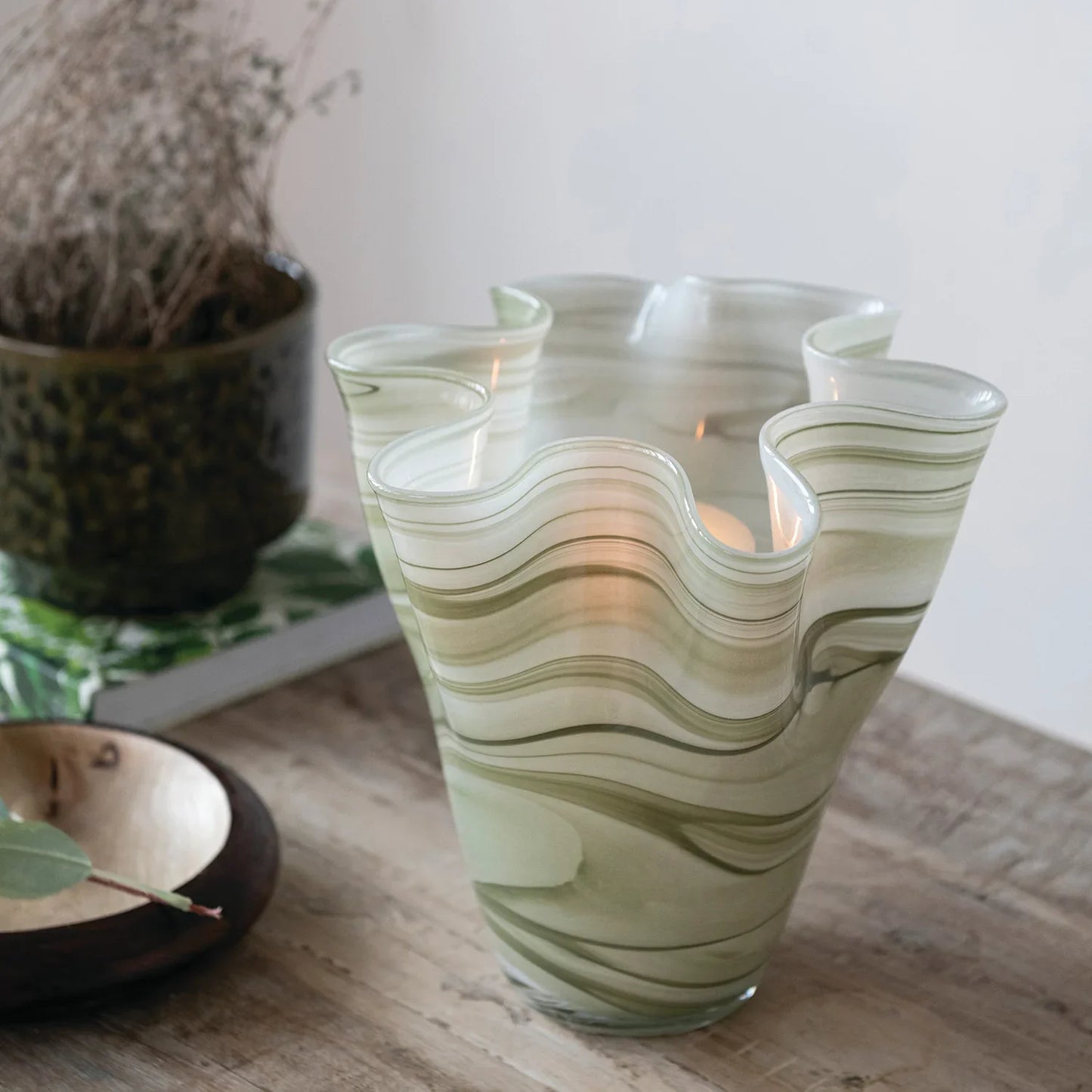 Hand-Blown Glass Ruffled Vase with Swirled Design, Opaque Green & White