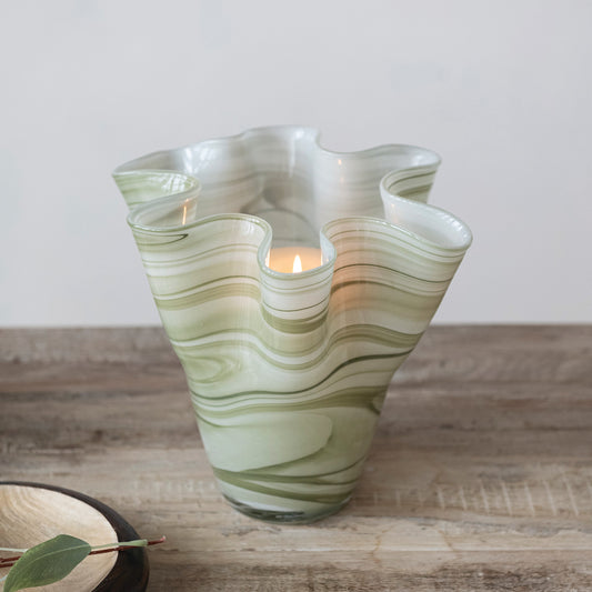 Hand-Blown Glass Ruffled Vase with Swirled Design, Opaque Green & White