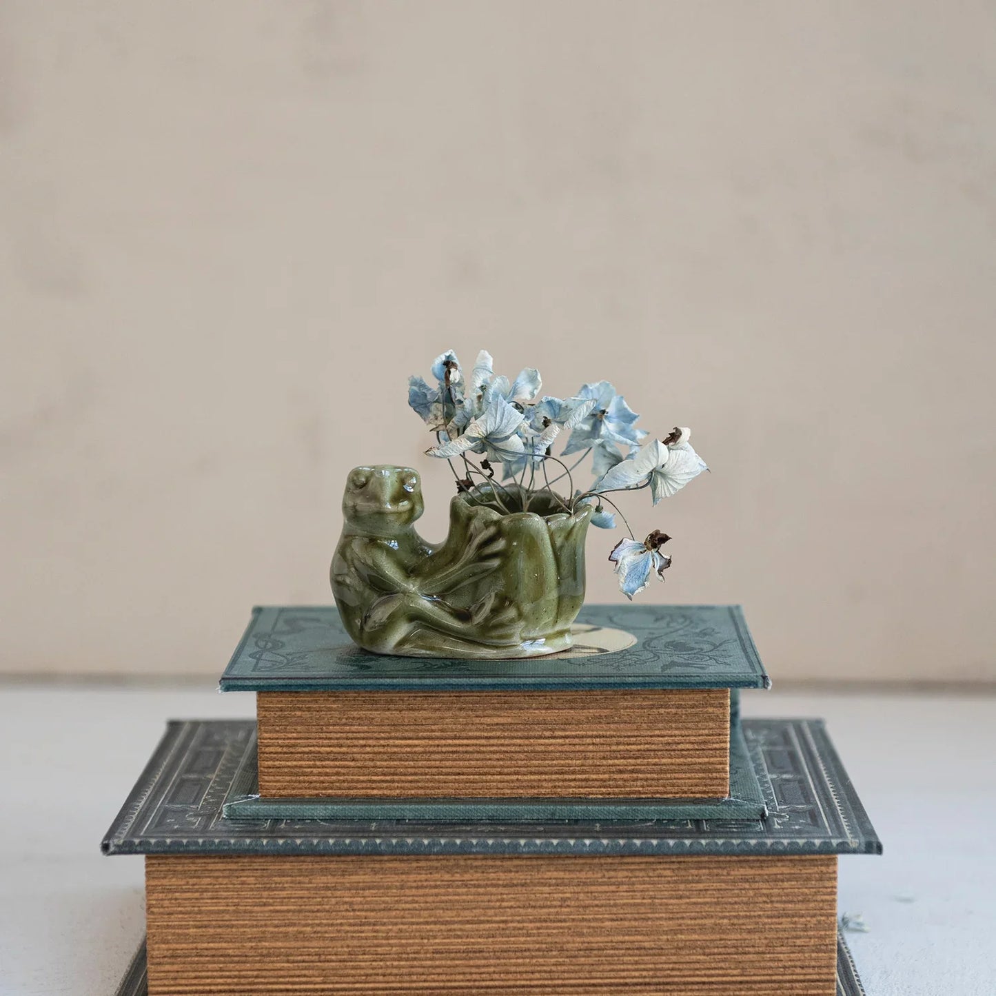 Stoneware Frog Holding Flower Vase - Reactive Glaze Green