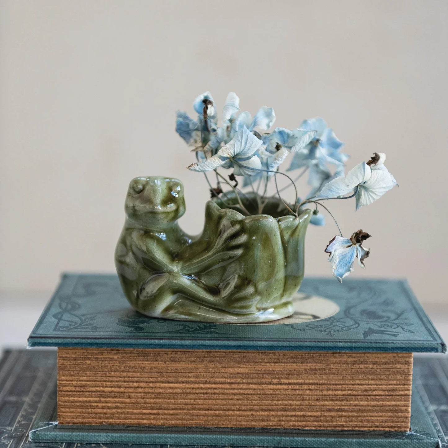 Stoneware Frog Holding Flower Vase - Reactive Glaze Green