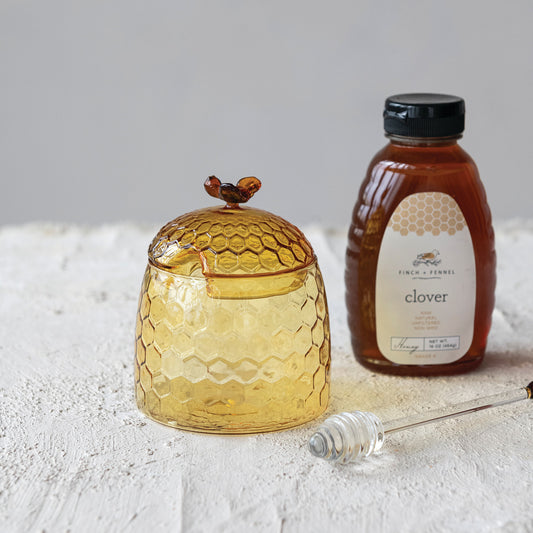 Glass Honey Jar with Bee Finial, Dipper and Lid