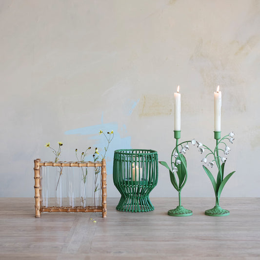 Vintage Toleware Lily of the Valley Taper Holder - Green & White