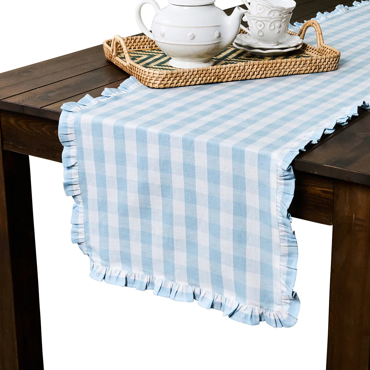 Juliska Gingham Ruffle Table Runner - Ocean 18" x 90"