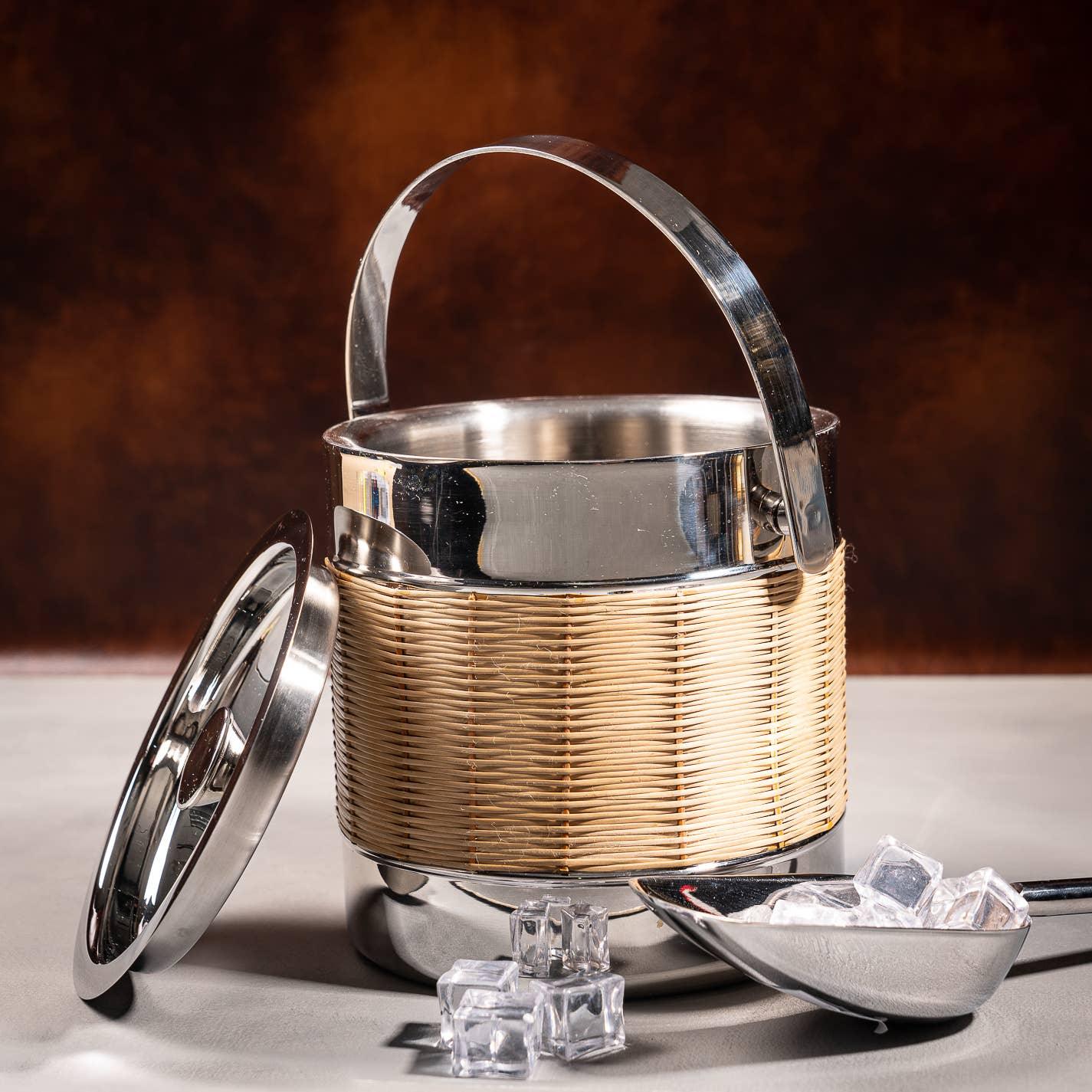 Woven Rattan Stainless Steel Double-Wall Ice Bucket w/ Lid - Marcel’s Culinary Experience