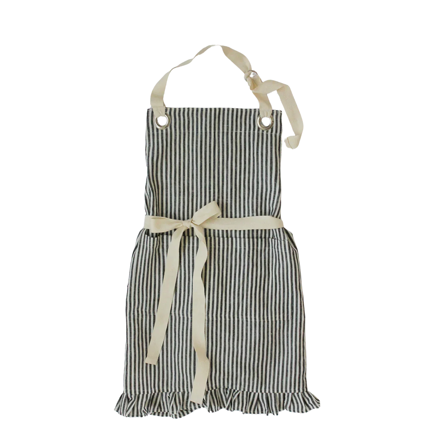 Ruffle Pinstripe Apron - Black Cotton Linen Blend