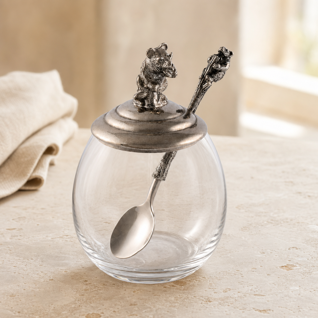 Glass & Pewter Little Bear Honey Pot | 5 Inch