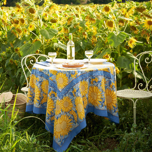 Couleur Nature Sunflower Yellow & Blue Tablecloth 59x59 - Hand-Printed Square Table Linen