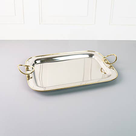 Stainless Steel Serving Tray with Gold Rim, 14.5 × 10.5 in