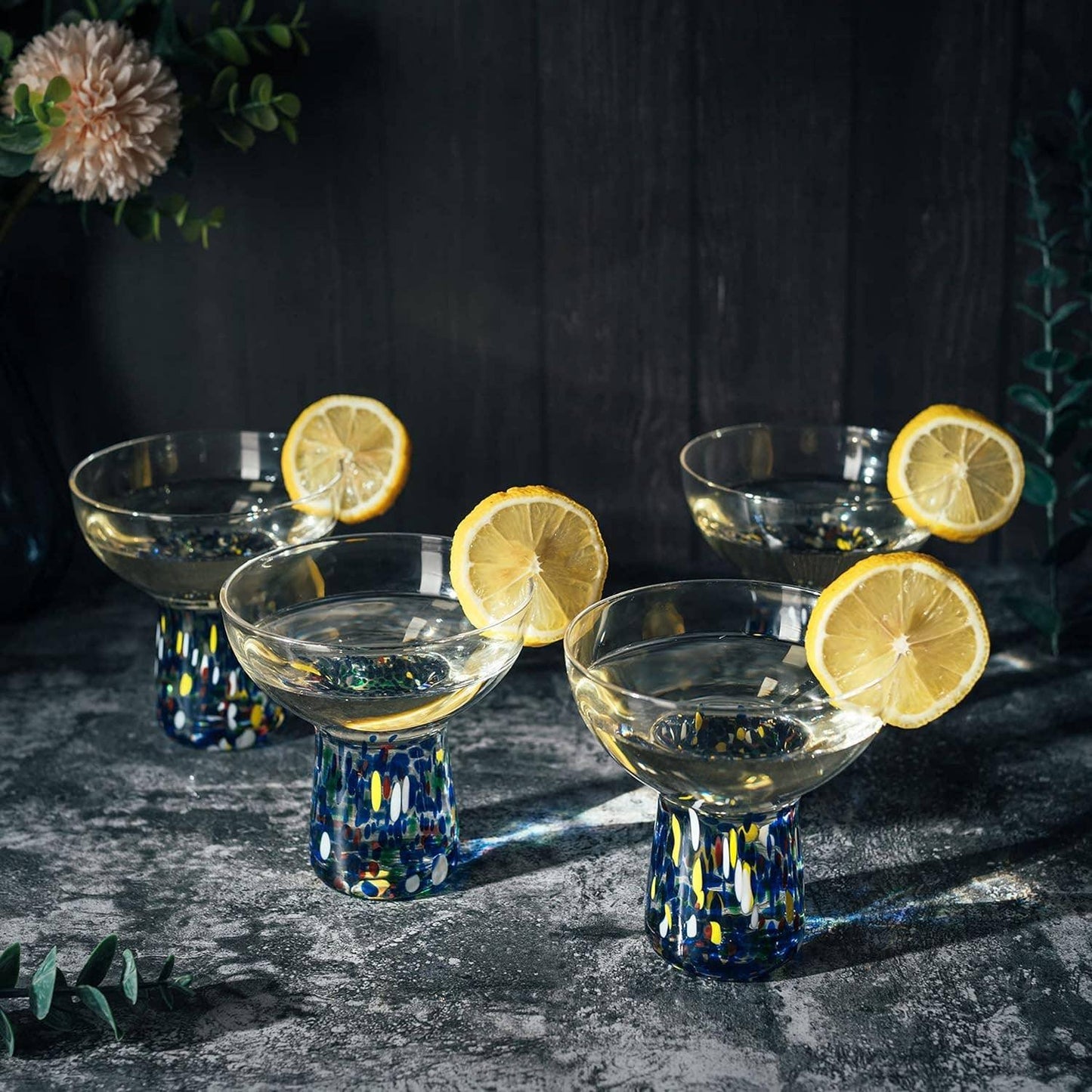 Hand-Blown Confetti Margarita Glasses - Stemless Set of 2, 14 oz