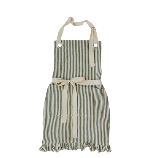 Ruffle Pinstripe Apron - Green Cotton Linen Blend